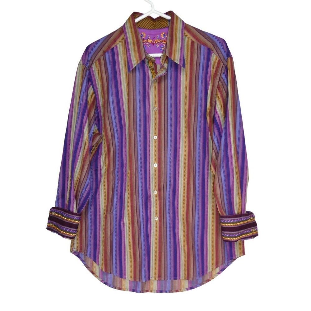 Robert‎ Graham Mens Button Up Long Sleeve Shirt L Flip Cuff Striped Purple